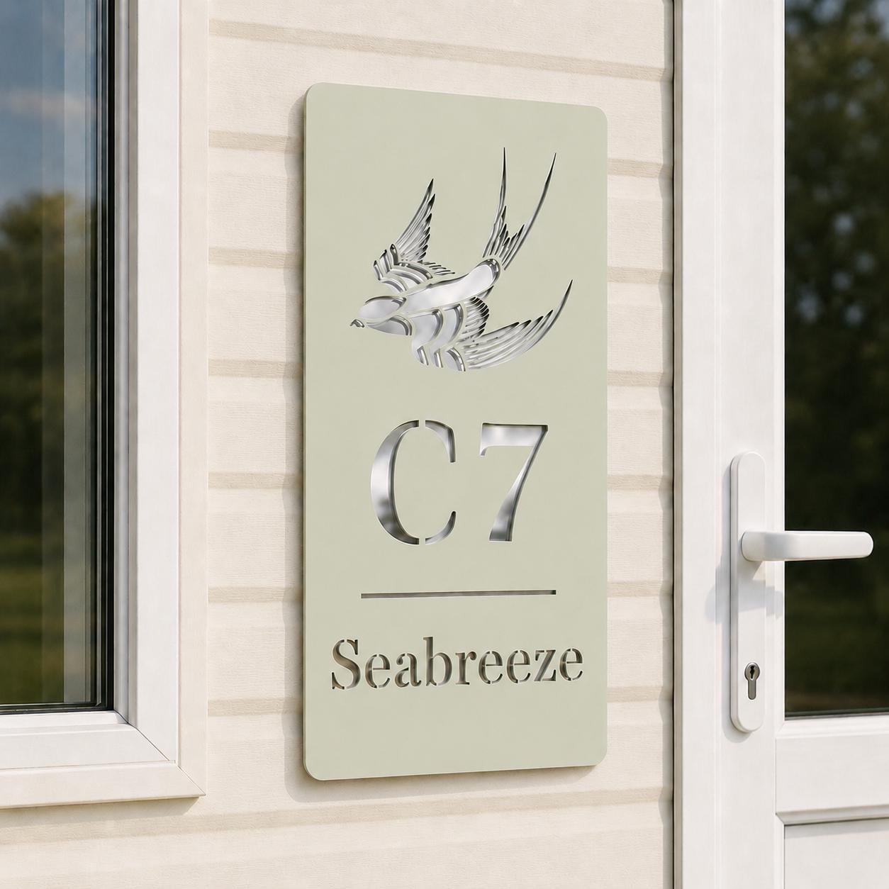 Personalised Static Caravan Sign | Sage Green Acrylic Plot Number Plaque | Holiday Home Sign | No Drill Caravan Door Sign screw or stick on