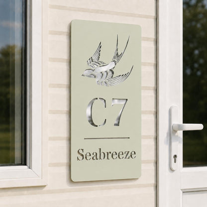 Personalised Static Caravan Sign | Sage Green Acrylic Plot Number Plaque | Holiday Home Sign | No Drill Caravan Door Sign screw or stick on