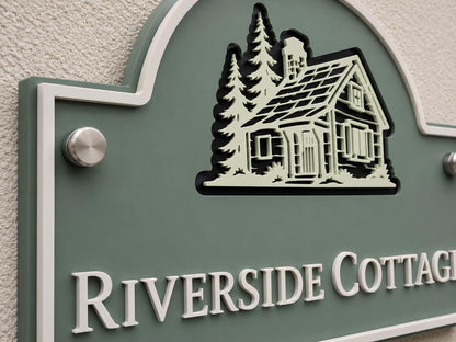 Personalised 3 Layer Acrylic House Name Sign, Pine Green Outdoor Cottage Plaque with Stone Detail