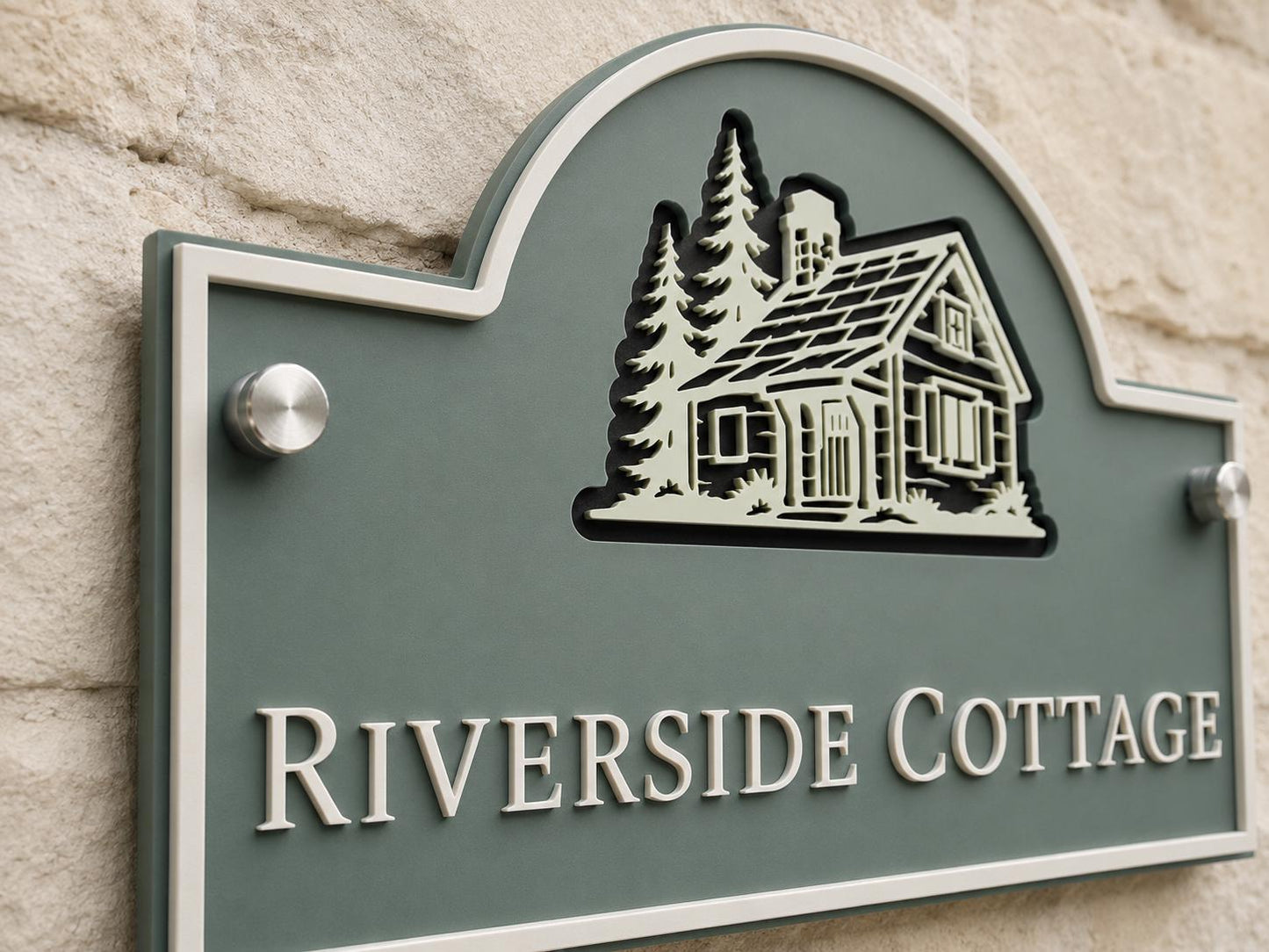 Personalised 3 Layer Acrylic House Name Sign, Pine Green Outdoor Cottage Plaque with Stone Detail