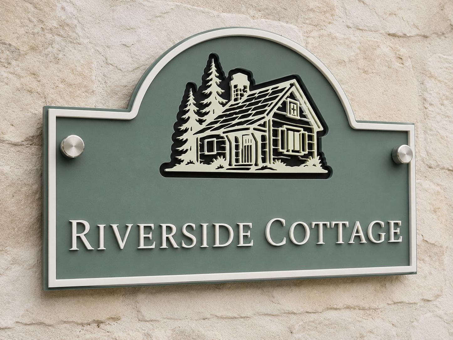Personalised 3 Layer Acrylic House Name Sign, Pine Green Outdoor Cottage Plaque with Stone Detail