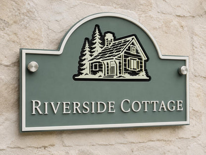 Personalised 3 Layer Acrylic House Name Sign, Pine Green Outdoor Cottage Plaque with Stone Detail