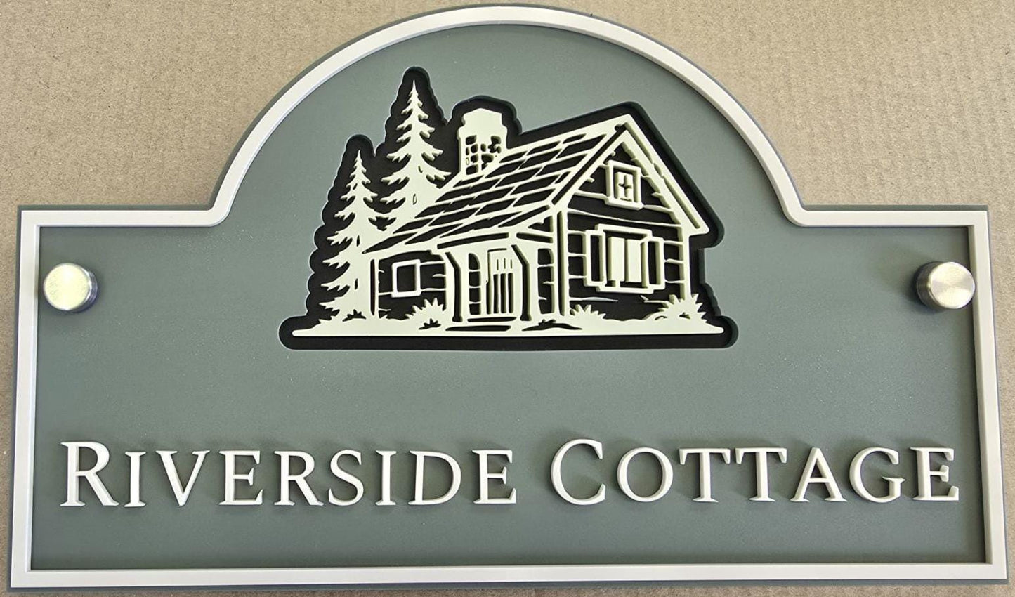 Personalised 3 Layer Acrylic House Name Sign, Pine Green Outdoor Cottage Plaque with Stone Detail