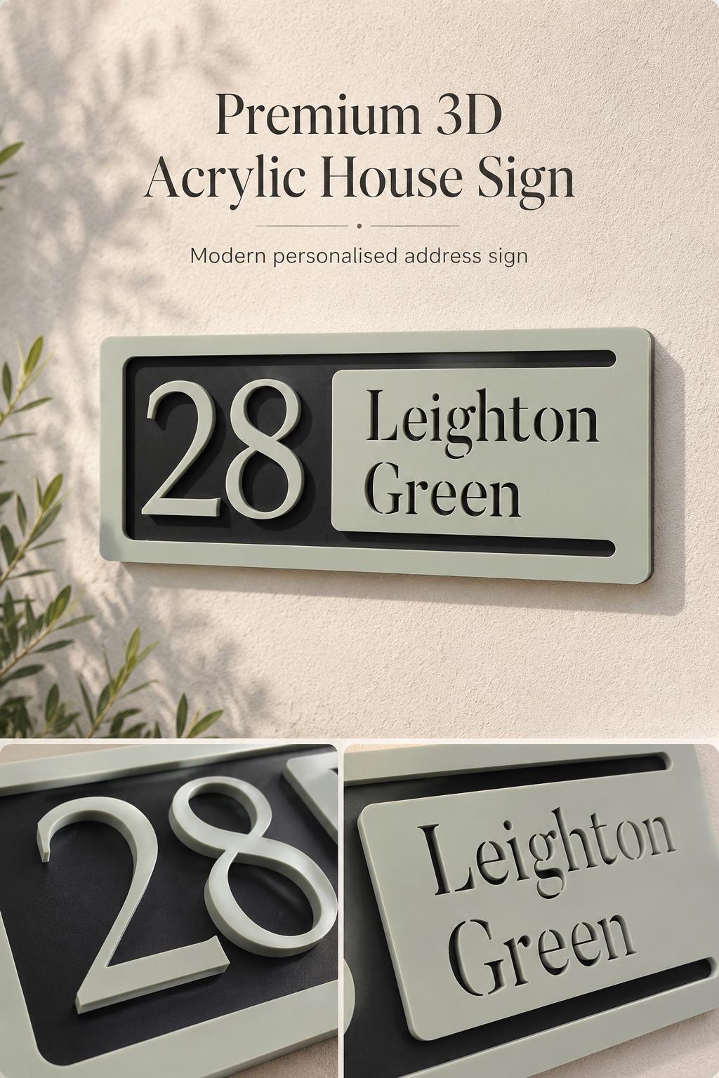 Personalised House Number Sign | Modern 3D Acrylic Address Plaque | Street Name House Sign | Sage Green Door Number Sign