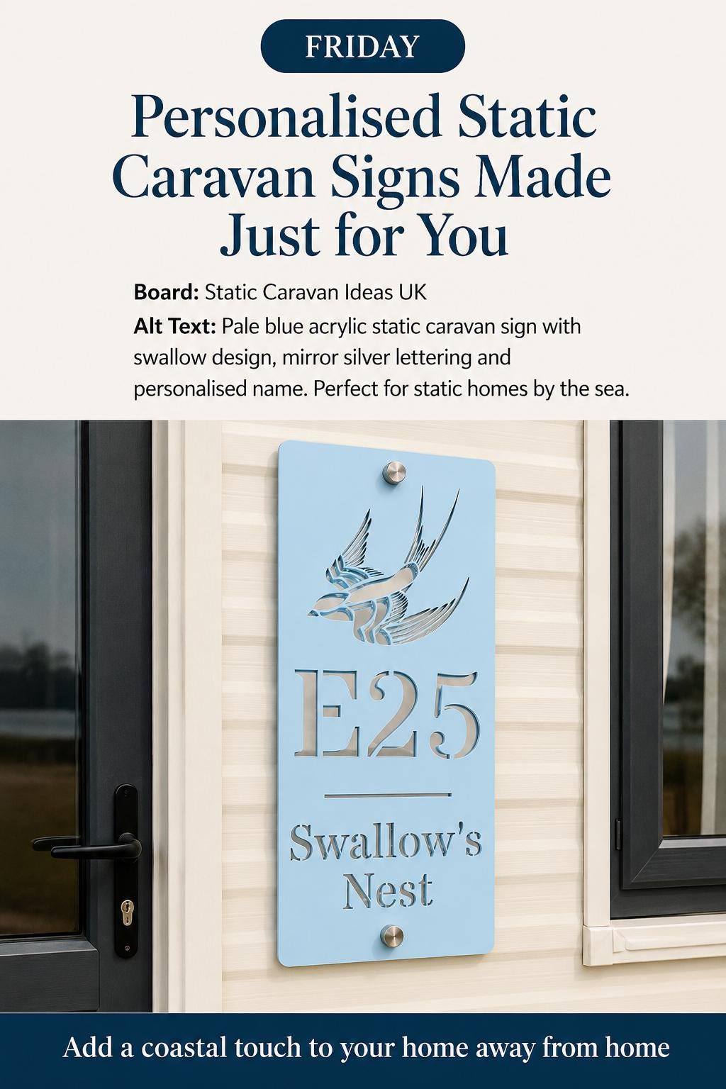 Personalised Static Caravan Sign | Pale Blue Acrylic Plot Number Plaque | Swallow Caravan Sign | Holiday Home Sign