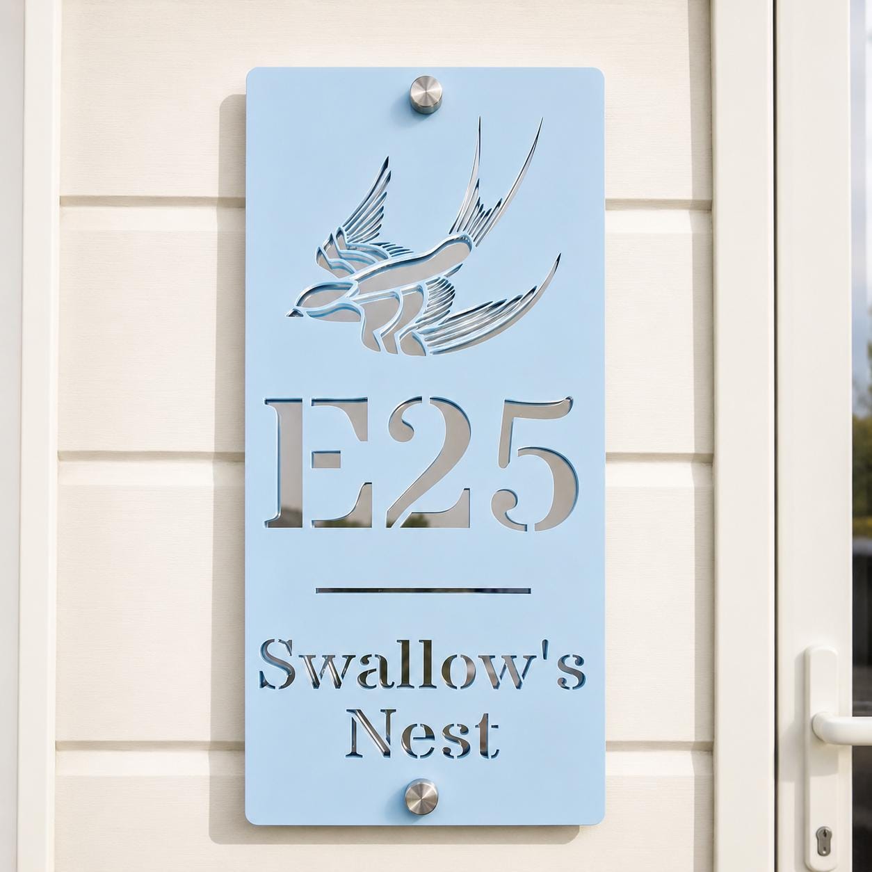 Personalised Static Caravan Sign | Pale Blue Acrylic Plot Number Plaque | Swallow Caravan Sign | Holiday Home Sign