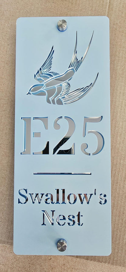 Personalised Static Caravan Sign | Pale Blue Acrylic Plot Number Plaque | Swallow Caravan Sign | Holiday Home Sign