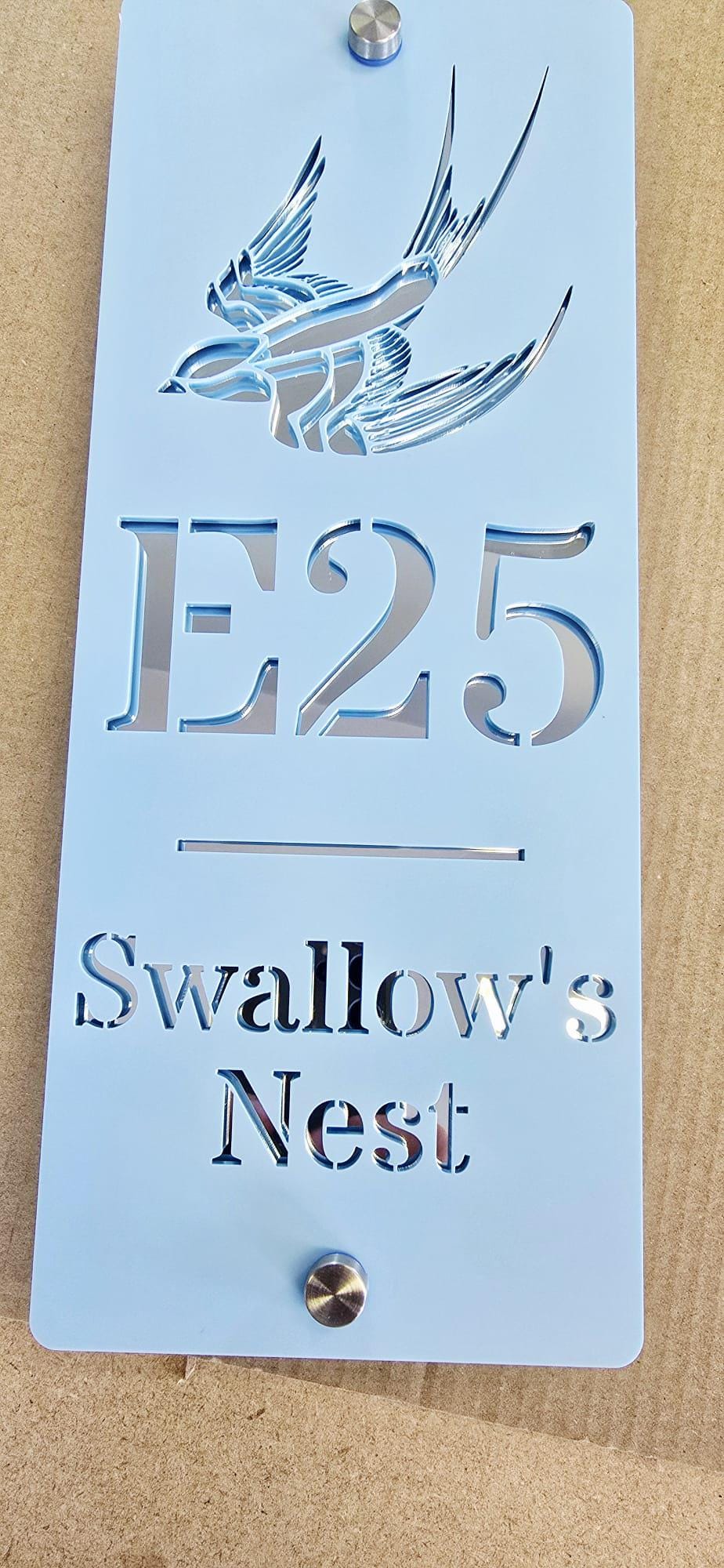 Personalised Static Caravan Sign | Pale Blue Acrylic Plot Number Plaque | Swallow Caravan Sign | Holiday Home Sign