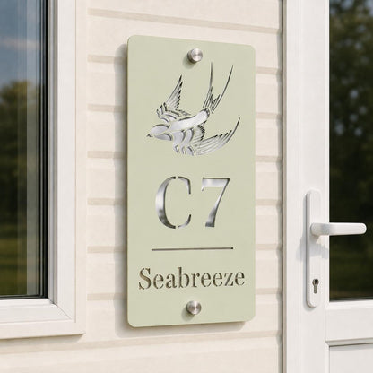 Personalised Static Caravan Sign | Sage Green Acrylic Plot Number Plaque | Holiday Home Sign | No Drill Caravan Door Sign screw or stick on