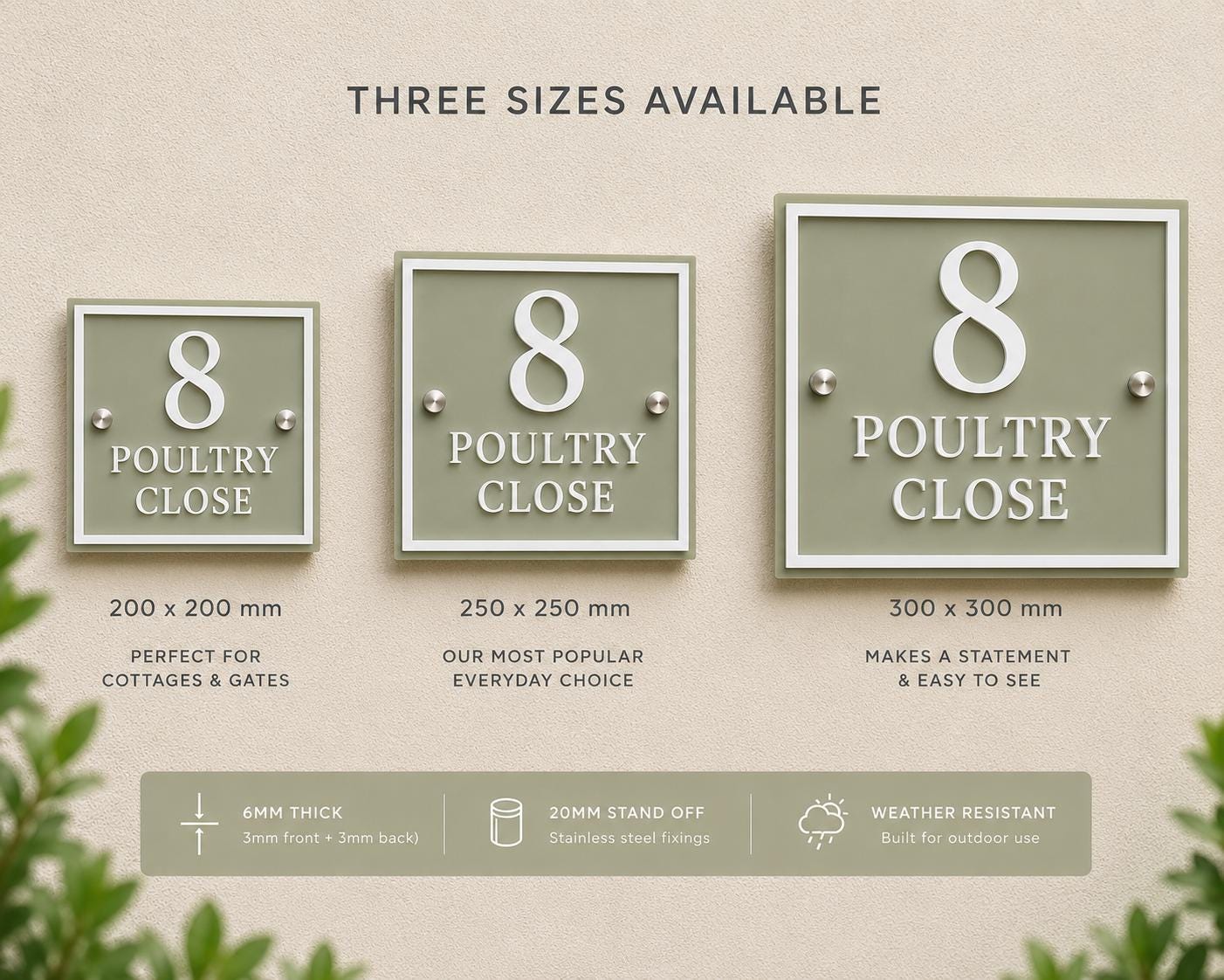 Personalised Square House Sign, Sage Green Address Plaque with Raised White Acrylic Lettering