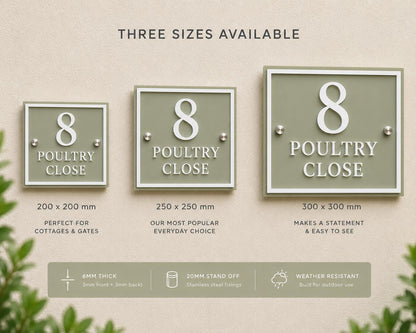 Personalised Square House Sign, Sage Green Address Plaque with Raised White Acrylic Lettering