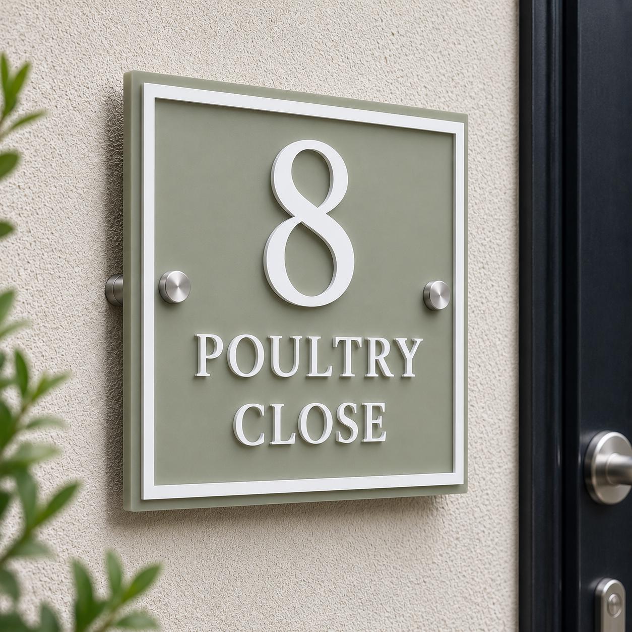 Personalised Square House Sign, Sage Green Address Plaque with Raised White Acrylic Lettering