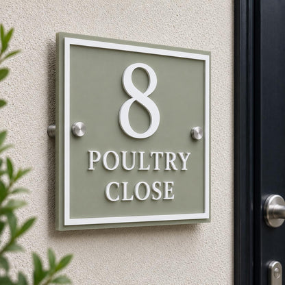 Personalised Square House Sign, Sage Green Address Plaque with Raised White Acrylic Lettering