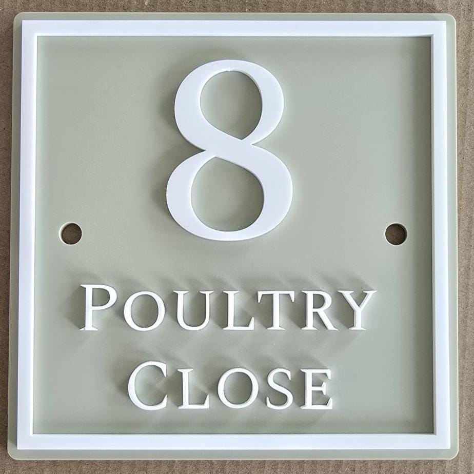 Personalised Square House Sign, Sage Green Address Plaque with Raised White Acrylic Lettering