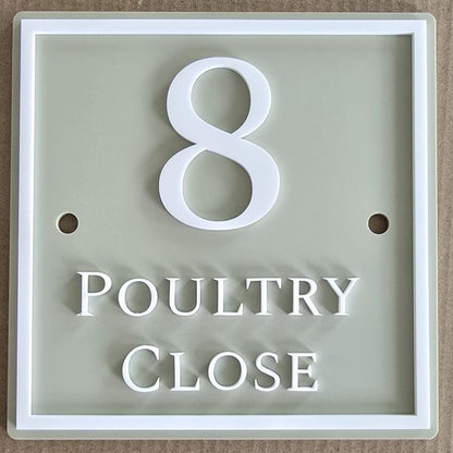 Personalised Square House Sign, Sage Green Address Plaque with Raised White Acrylic Lettering