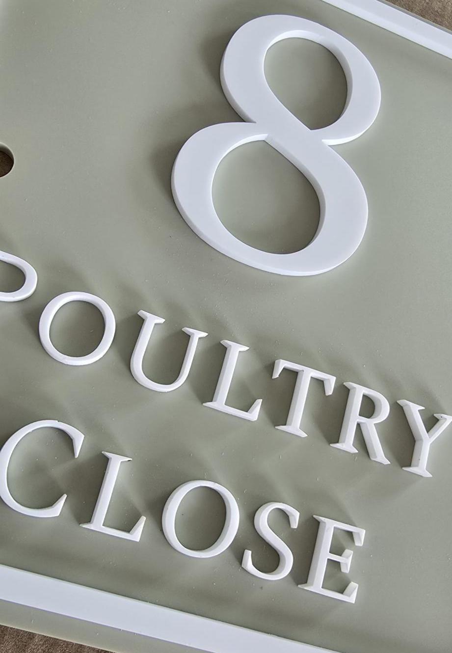 Personalised Square House Sign, Sage Green Address Plaque with Raised White Acrylic Lettering
