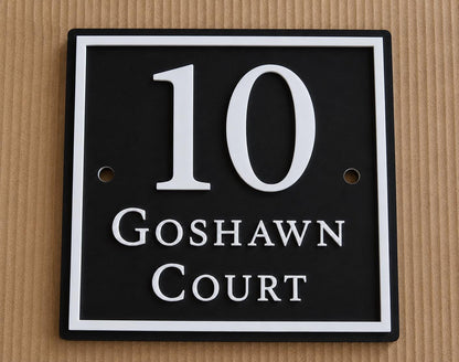 Personalised Black House Sign, Square Acrylic Address Plaque with Raised White Lettering