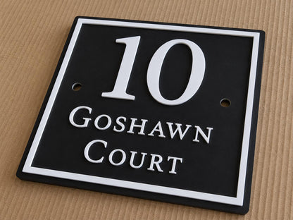 Personalised Black House Sign, Square Acrylic Address Plaque with Raised White Lettering