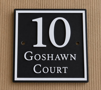 Personalised Black House Sign, Square Acrylic Address Plaque with Raised White Lettering