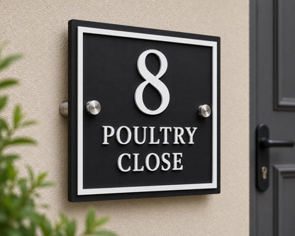 Personalised Black House Sign, Square Acrylic Address Plaque with Raised White Lettering