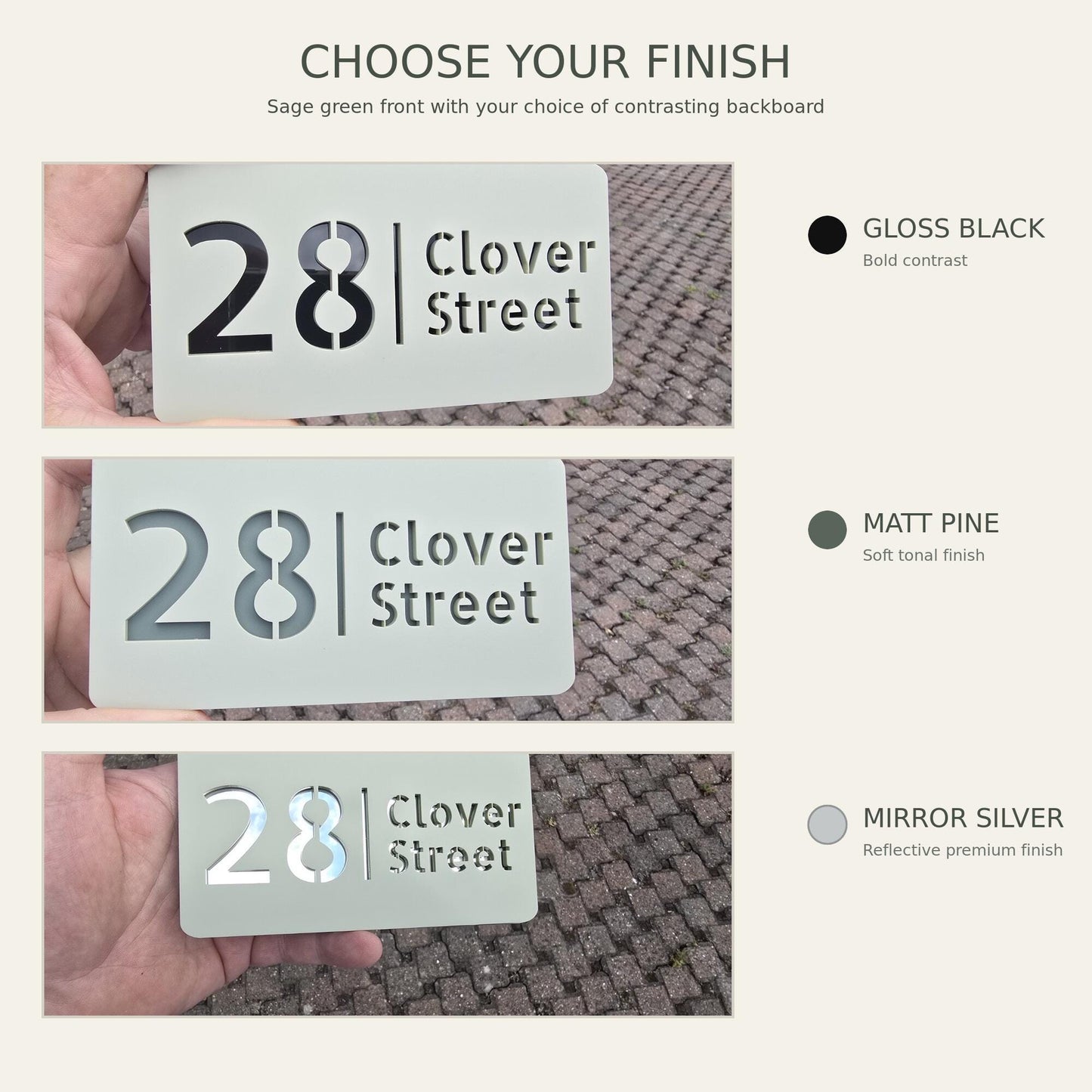 Personalised House Number Sign – Compact Sage Green Acrylic Address Plaque, 15 × 8 cm, Hidden Fixings