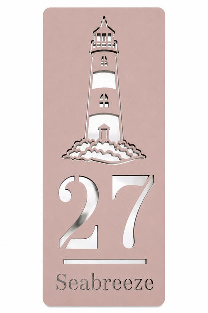 Personalised Stick-On Caravan Sign with Lighthouse, Custom Static Caravan Number Plaque, Coastal Holiday Home Name Sign