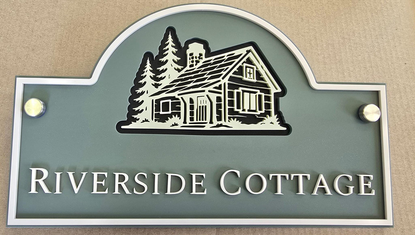 Personalised 3 Layer Acrylic House Name Sign, Pine Green Outdoor Cottage Plaque with Stone Detail