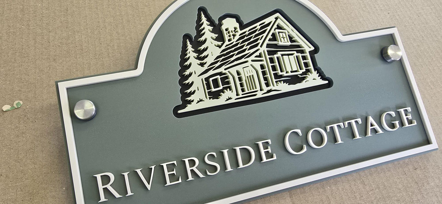 Personalised 3 Layer Acrylic House Name Sign, Pine Green Outdoor Cottage Plaque with Stone Detail