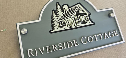 Personalised 3 Layer Acrylic House Name Sign, Pine Green Outdoor Cottage Plaque with Stone Detail