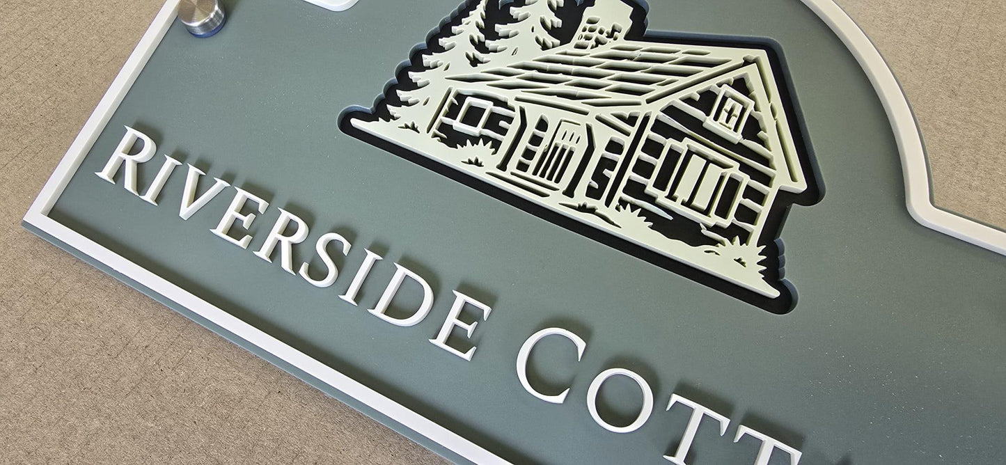 Personalised 3 Layer Acrylic House Name Sign, Pine Green Outdoor Cottage Plaque with Stone Detail