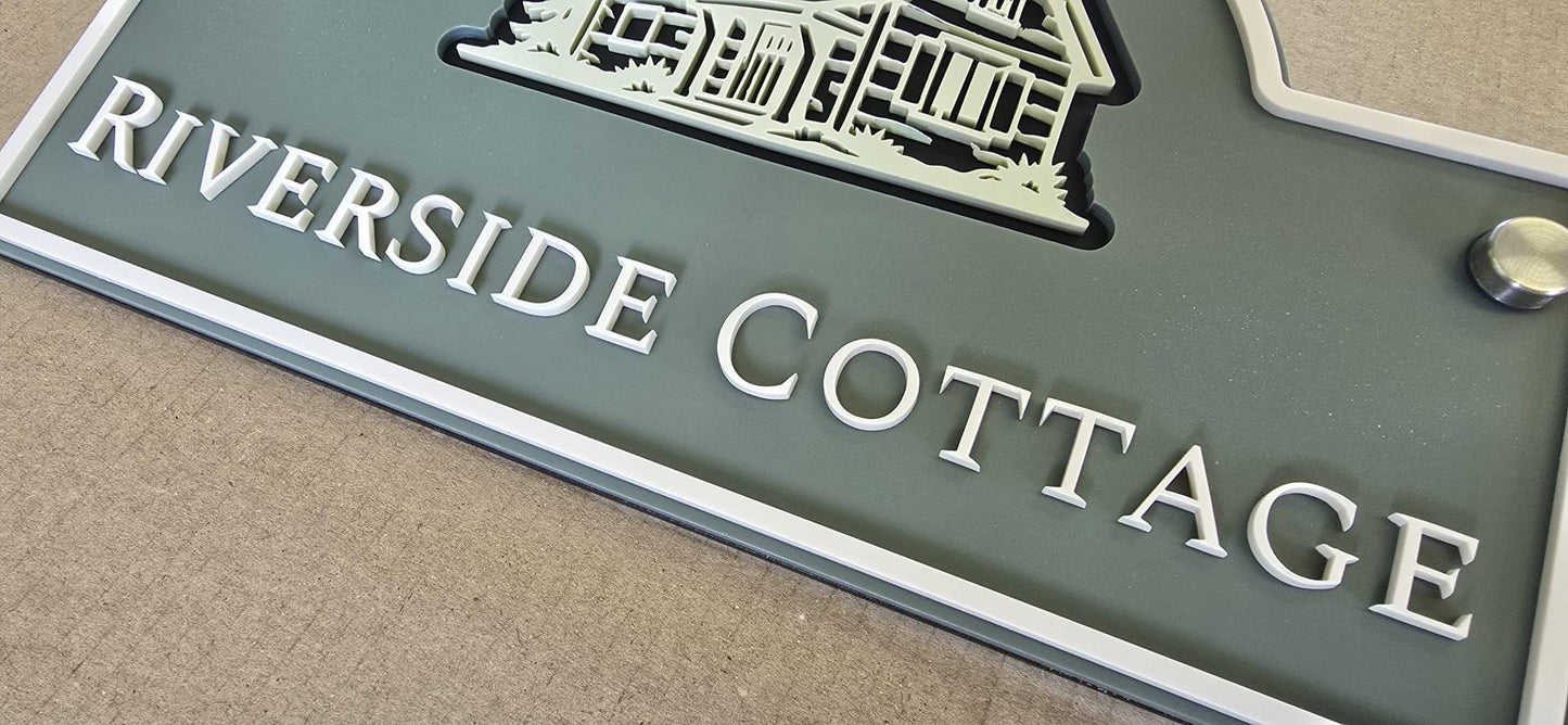 Personalised 3 Layer Acrylic House Name Sign, Pine Green Outdoor Cottage Plaque with Stone Detail