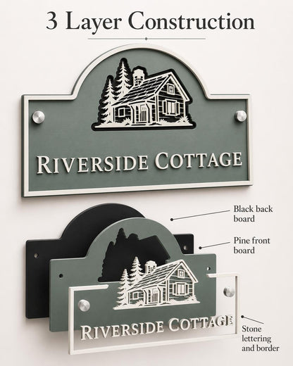 Personalised 3 Layer Acrylic House Name Sign, Pine Green Outdoor Cottage Plaque with Stone Detail