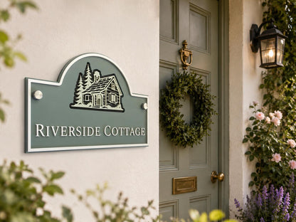 Personalised 3 Layer Acrylic House Name Sign, Pine Green Outdoor Cottage Plaque with Stone Detail