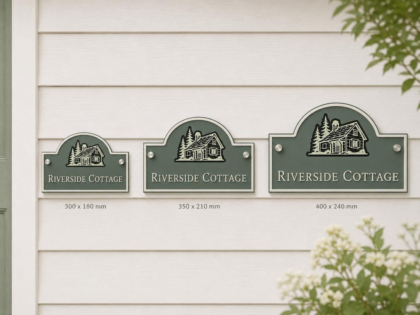 Personalised 3 Layer Acrylic House Name Sign, Pine Green Outdoor Cottage Plaque with Stone Detail
