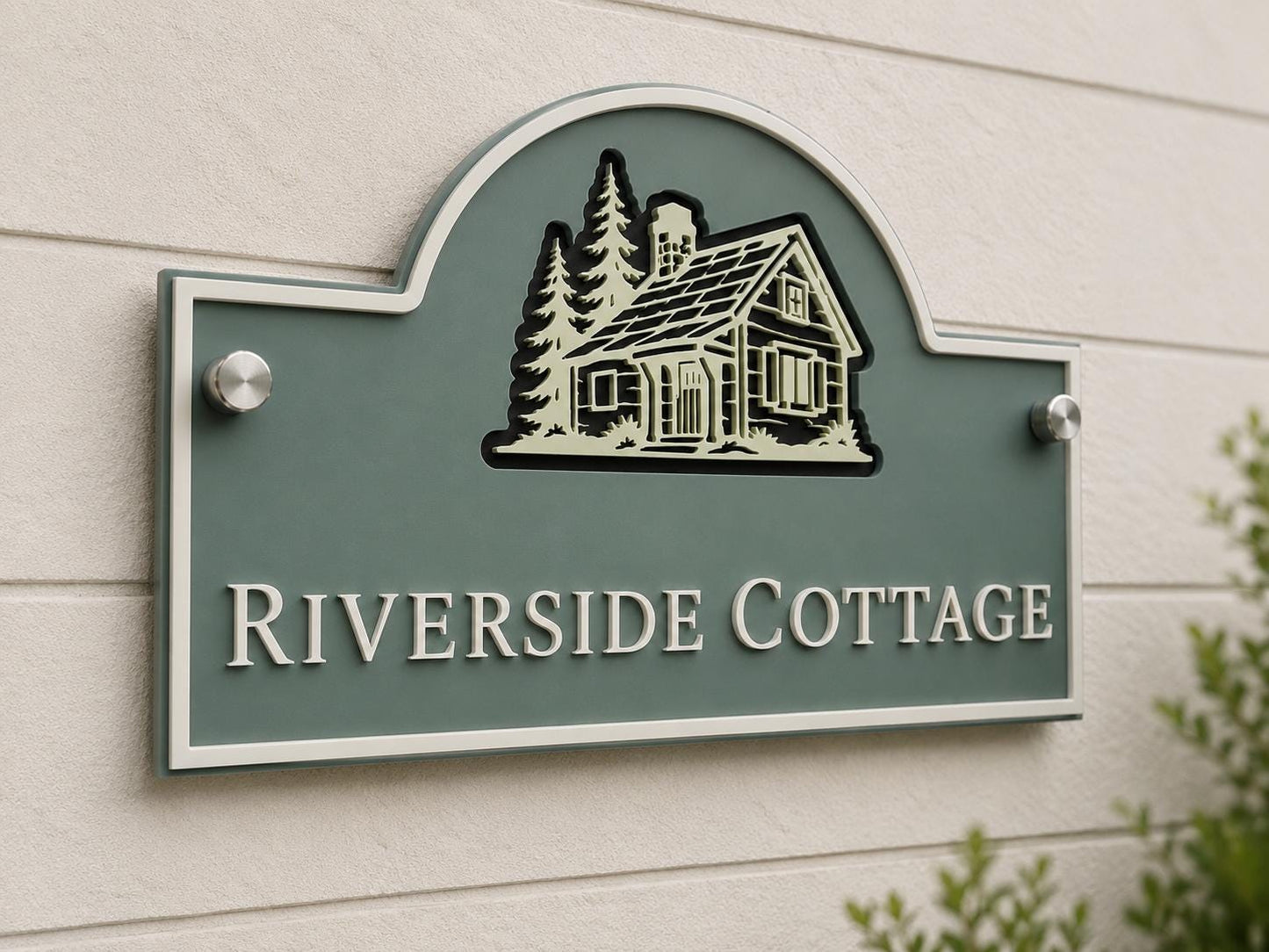 Personalised 3 Layer Acrylic House Name Sign, Pine Green Outdoor Cottage Plaque with Stone Detail