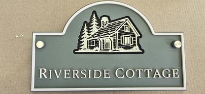 Personalised 3 Layer Acrylic House Name Sign, Pine Green Outdoor Cottage Plaque with Stone Detail