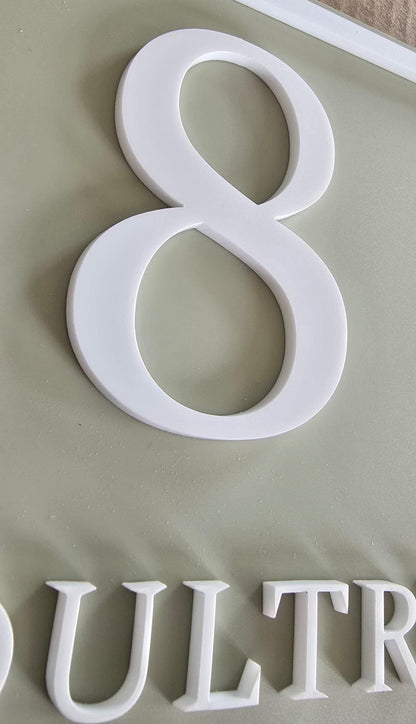 Personalised Square House Sign, Sage Green Address Plaque with Raised White Acrylic Lettering