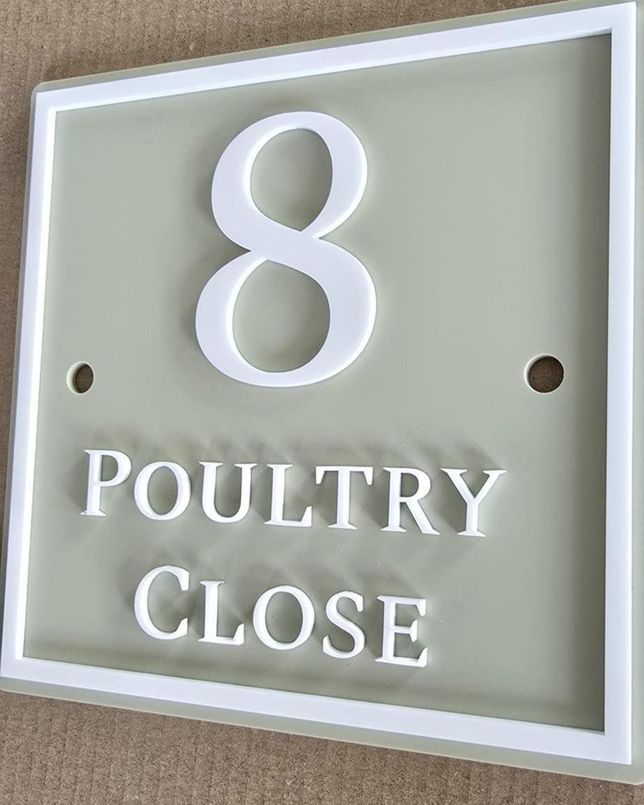 Personalised Square House Sign, Sage Green Address Plaque with Raised White Acrylic Lettering