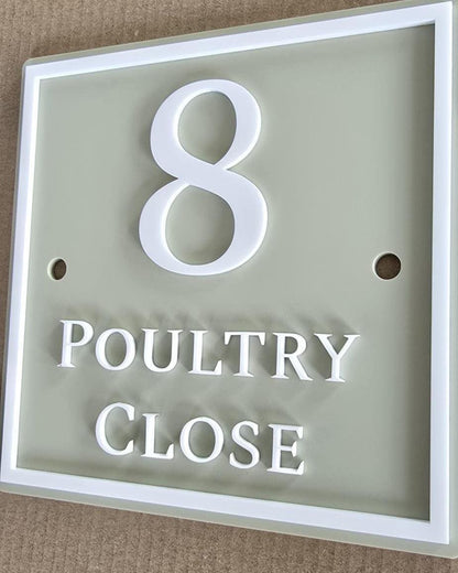 Personalised Square House Sign, Sage Green Address Plaque with Raised White Acrylic Lettering