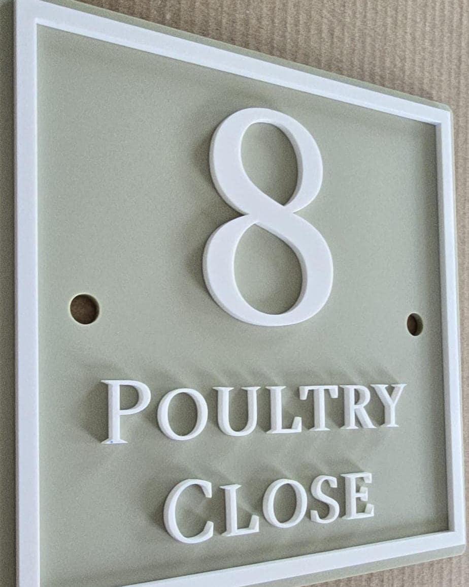 Personalised Square House Sign, Sage Green Address Plaque with Raised White Acrylic Lettering