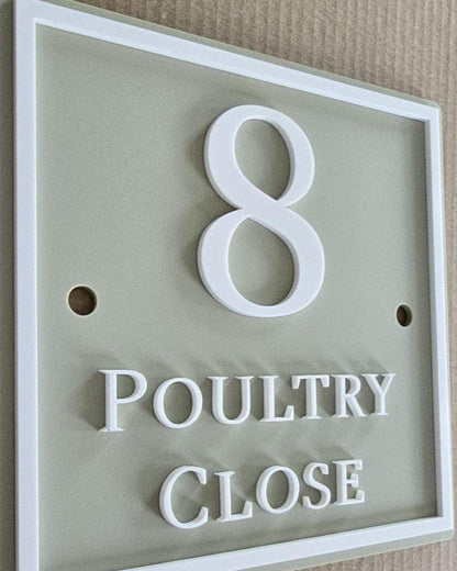 Personalised Square House Sign, Sage Green Address Plaque with Raised White Acrylic Lettering