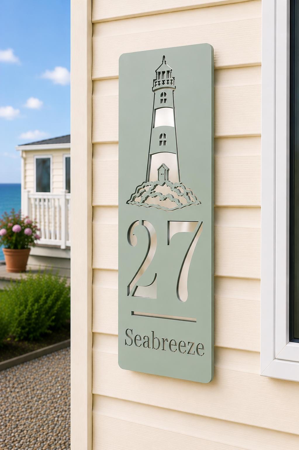 Personalised Stick-On Caravan Sign with Lighthouse, Custom Static Caravan Number Plaque, Coastal Holiday Home Name Sign