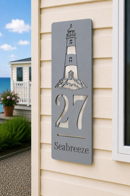 Personalised Stick-On Caravan Sign with Lighthouse, Custom Static Caravan Number Plaque, Coastal Holiday Home Name Sign