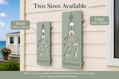 Personalised Stick-On Caravan Sign with Lighthouse, Custom Static Caravan Number Plaque, Coastal Holiday Home Name Sign