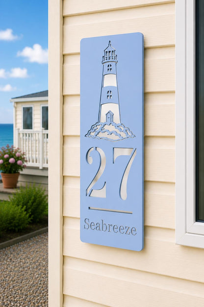 Personalised Stick-On Caravan Sign with Lighthouse, Custom Static Caravan Number Plaque, Coastal Holiday Home Name Sign