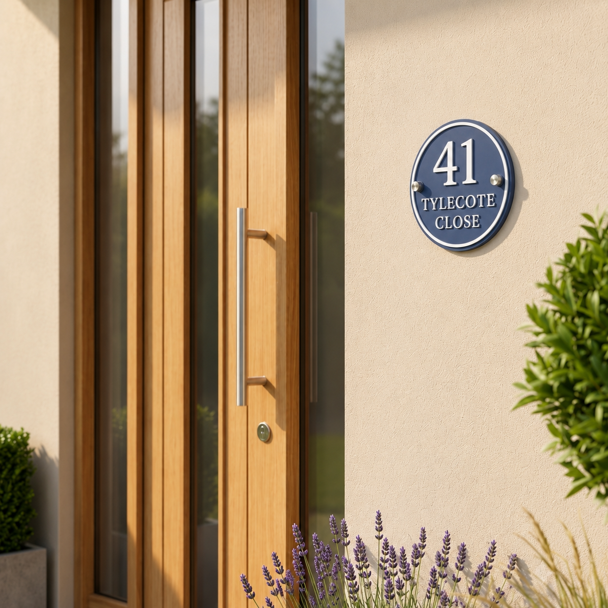 Close-up of personalised denim blue round house sign mounted on an exterior wall