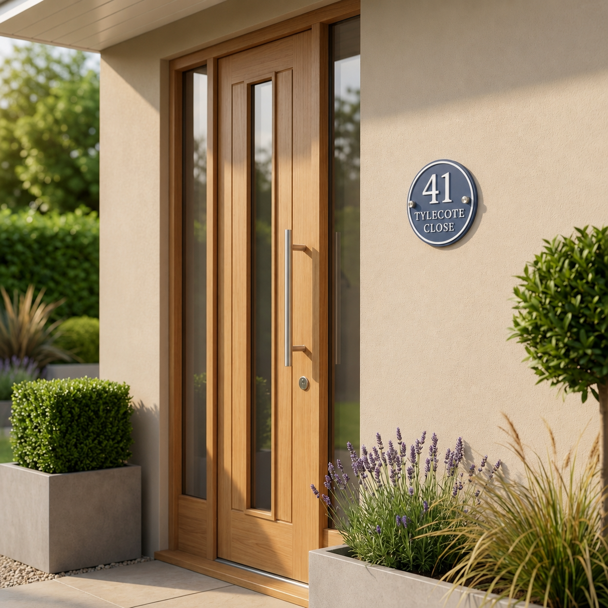 Personalised denim blue round house sign mounted beside a modern front door