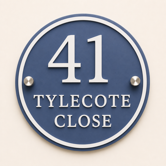 Personalised denim blue round house sign with raised white house number and address