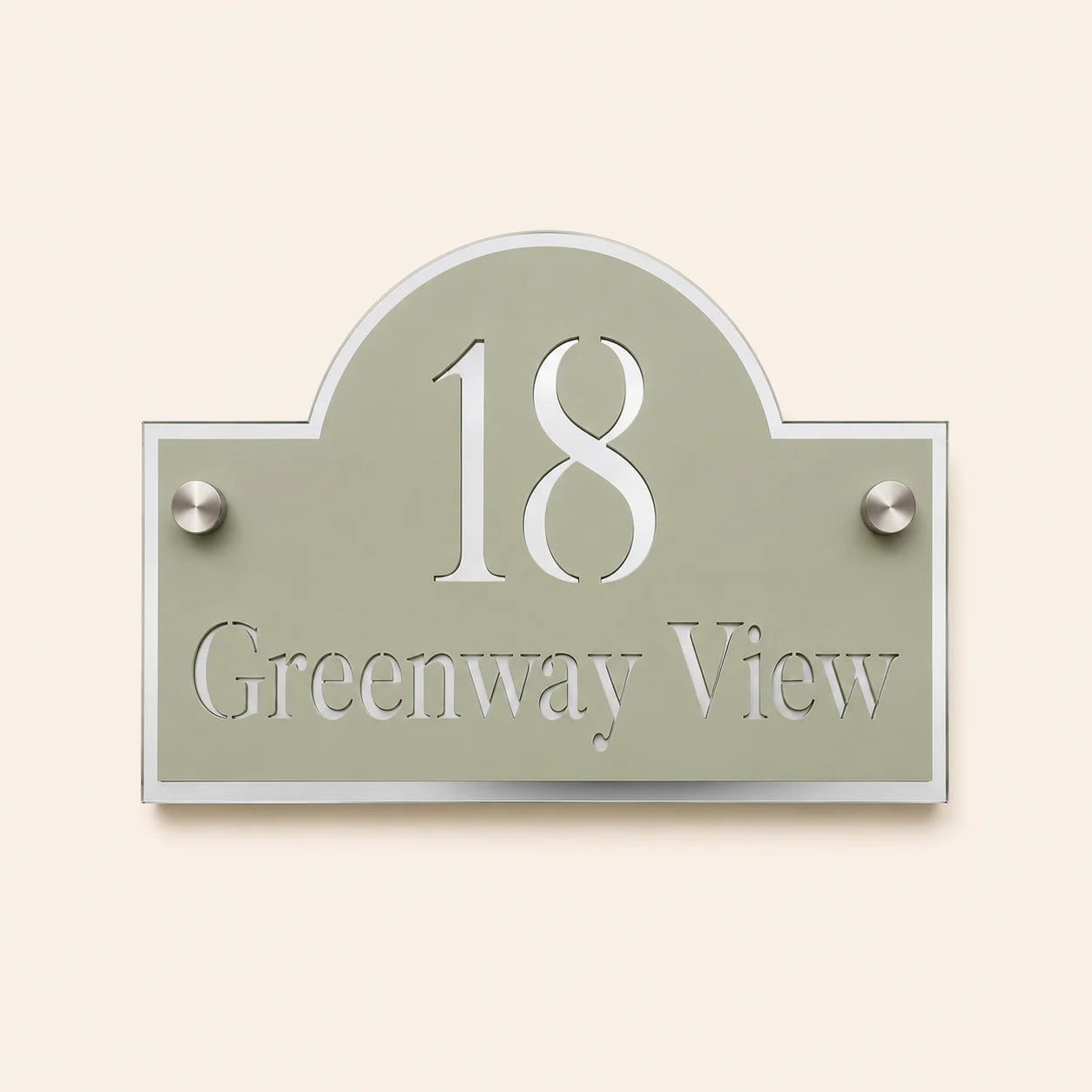 Personalised sage green arch acrylic house sign with mirror silver backing