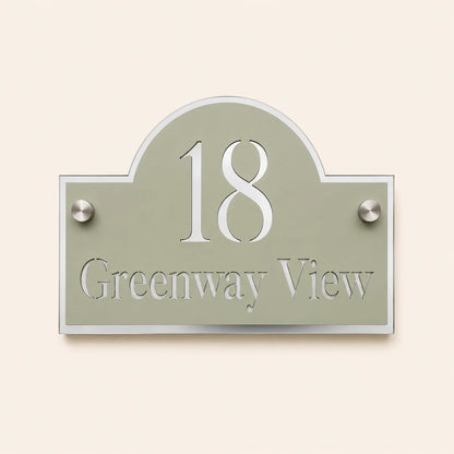 Personalised sage green arch acrylic house sign with mirror silver backing